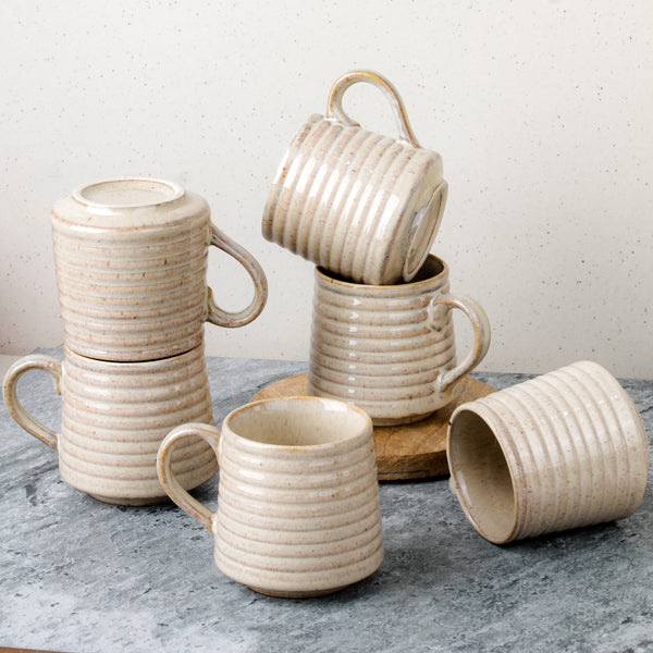 Creamy Spiral Ceramic Tea Cup Set of 6, 220 ML Each | Microwave and Dishwasher Safe Coffee Cups